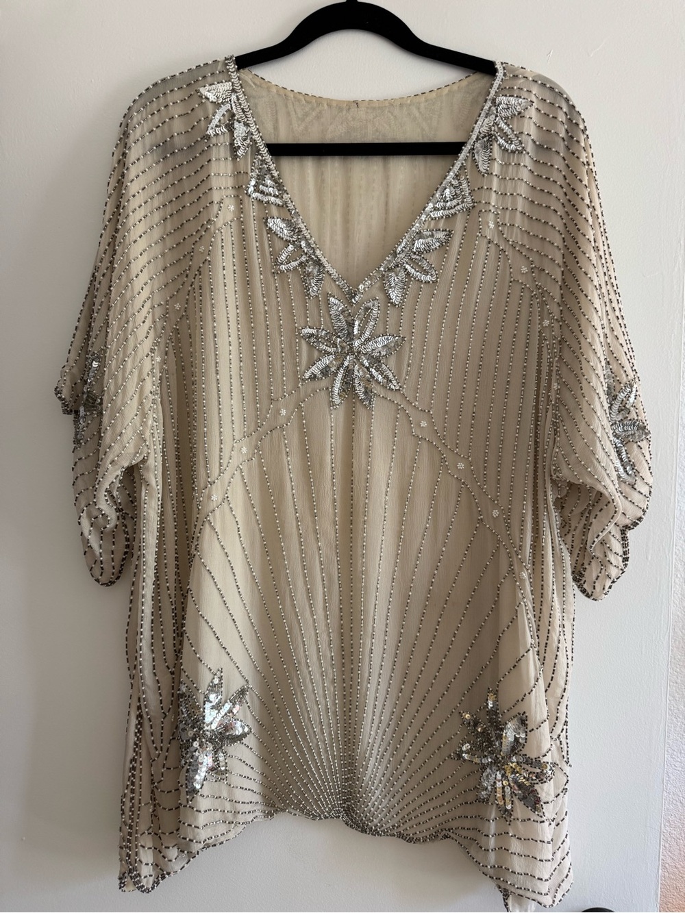 Vintage Silk Beaded V-Neck Embellished Tunic - Cream/Silver